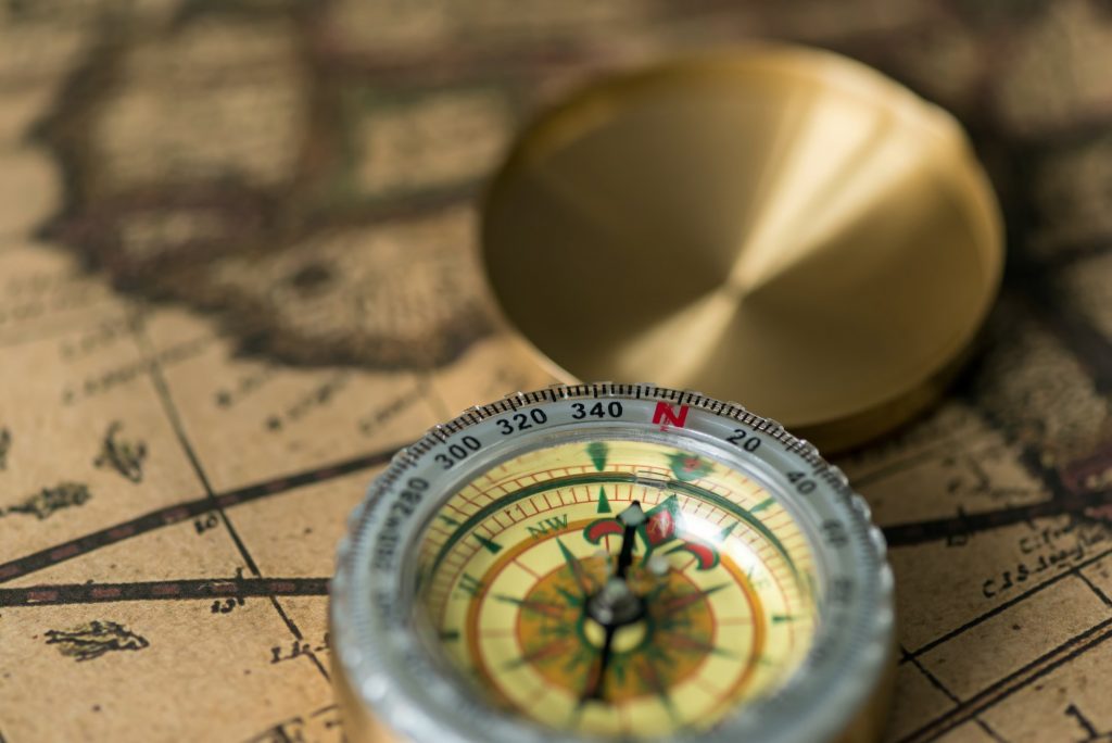 Old compass on vintage map